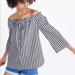 Madewell Shimmer Stripe Off the Shoulder Top Fluted Sleeve